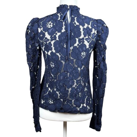 Wayf Emma Puff Sleeve Lace Top Size XS Long Sleeved Blouse Navy Blue - Picture 2 of 11